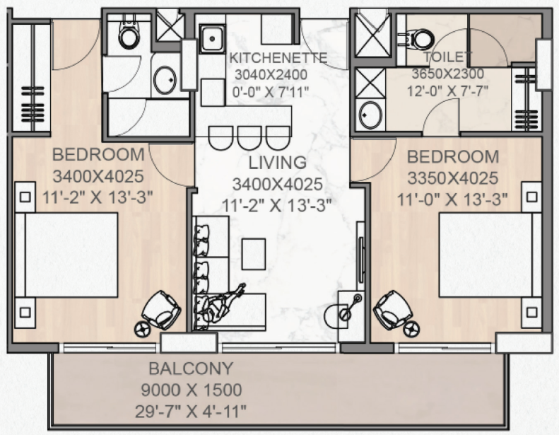 2 BHK unit plan